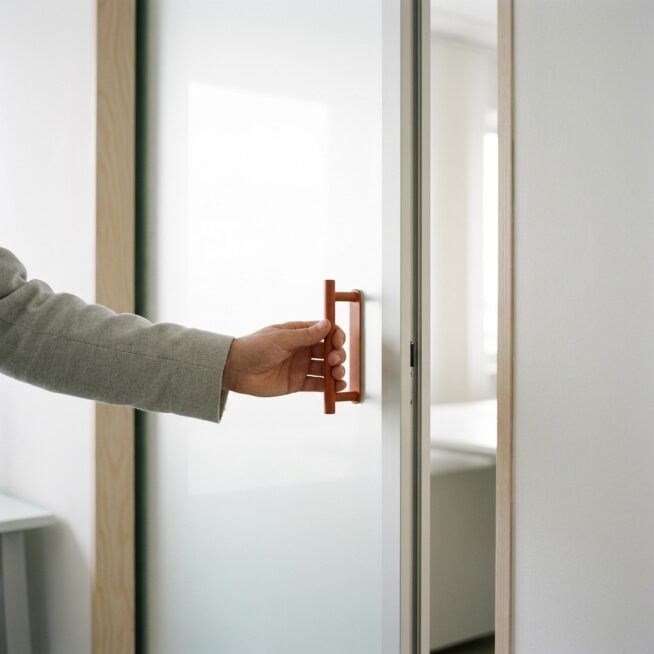 Hand opent een matglazen schuifdeur met een oranje handgreep in een moderne witte ruimte