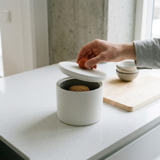 Hand tilt het deksel met oranje knop van een witte keramische koekjespot met één koekje erin