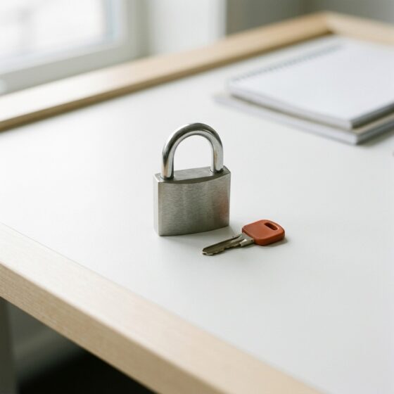 Gesloten stalen hangslot op een wit bureau met een sleutel met oranje kop ernaast