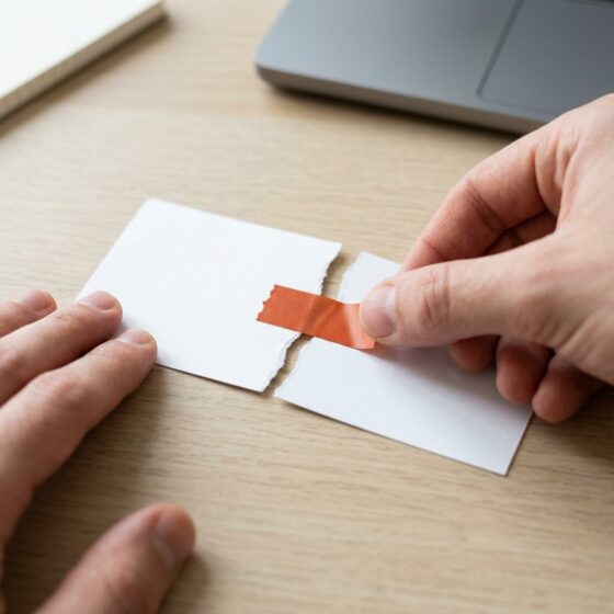 Handen plakken twee helften van een gescheurd wit kaartje aan elkaar met oranje tape op een houten bureau