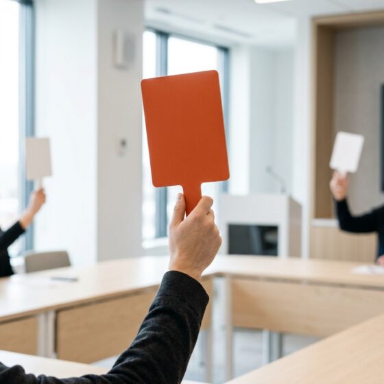 Hand houdt een oranje blanco bord omhoog in een moderne vergaderzaal waar anderen witte borden opsteken