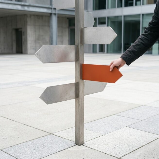 Hand stelt een oranje pijlplaat bij op een stalen wegwijzer met blanco pijlen op een modern plein