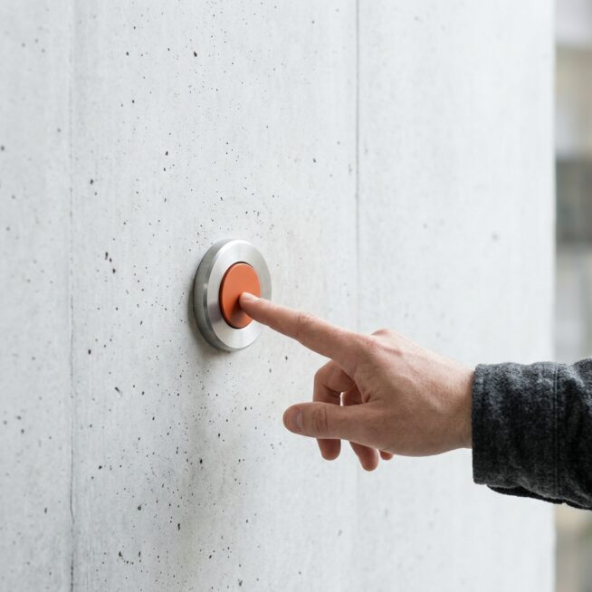 Hand drukt op een oranje drukknop in een stalen ring op een betonnen muur, als beeld voor het meten van acties met Google Analytics