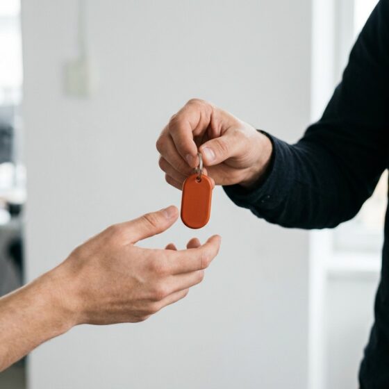 Hand overhandigt een oranje sleutelhanger aan een andere hand, als beeld voor de overdracht van je analytics-omgeving