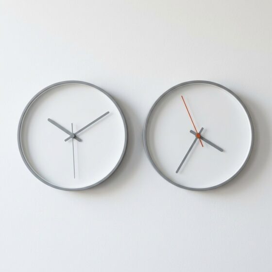 Twee minimalistische wandklokken zonder cijfers die een verschillende tijd tonen, de secondewijzer van de rechterklok is oranje