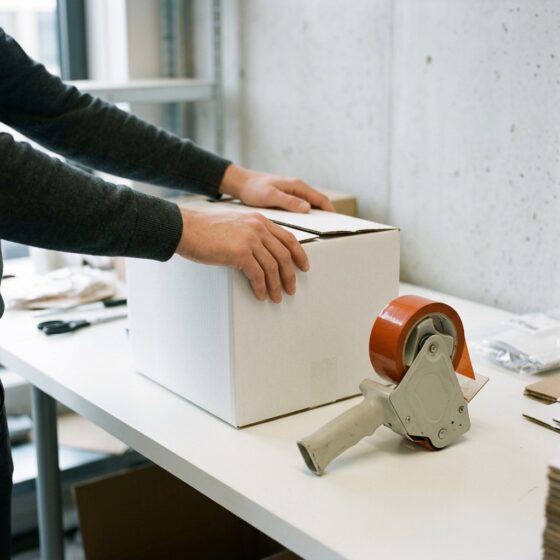 Handen sluiten een witte verzenddoos op een pakketafel met een rolhouder met oranje tape
