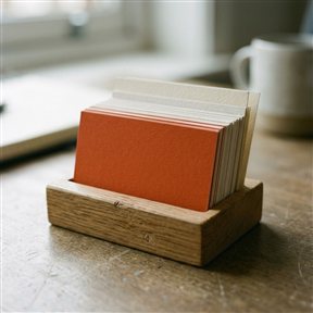 Stapel blanco visitekaartjes in een houten houder, waarvan het voorste kaartje oranje is