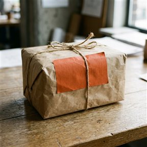 Pakket in bruin papier met touw en een oranje etiket op een houten tafel
