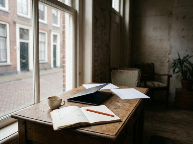 Houten bureau voor een groot raam met uitzicht op een bakstenen straat, met een gesloten laptop, een notitieboek met een getekende stijgende lijn en een oranje potlood