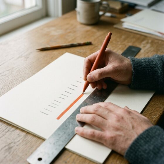 Handen trekken met een liniaal en een oranje pen een rechte dikke lijn onder een rij korte potloodstreepjes op papier