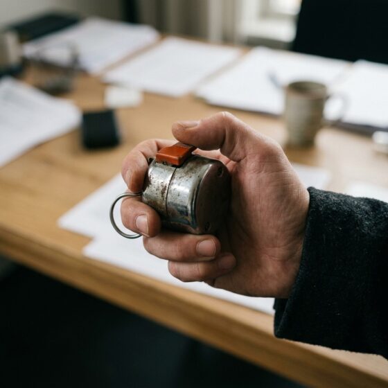Hand houdt een oude metalen tellerklik vast met een oranje knop, als beeld voor het tellen en meten van acties