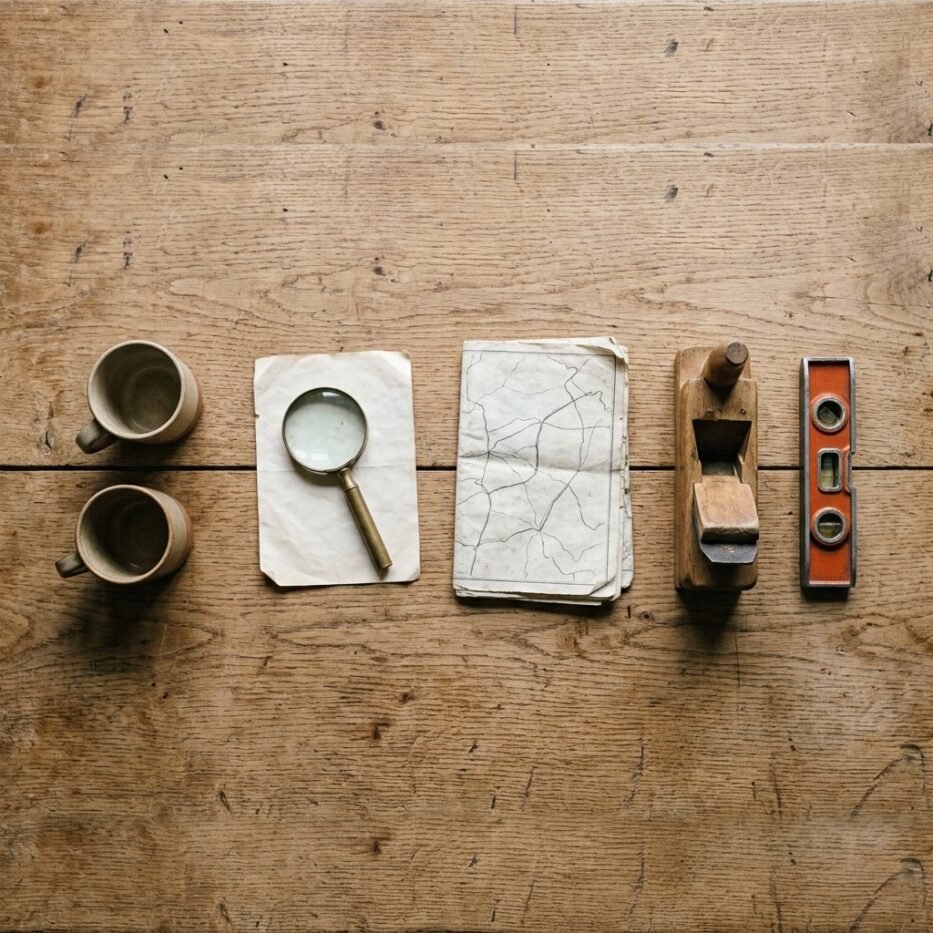Vijf voorwerpen in een rij op een eiken tafel: twee kopjes, een loep op papier, een kaart met route, een houten schaaf en een waterpas met oranje frame, als beeld voor de vijf stappen van de werkwijze
