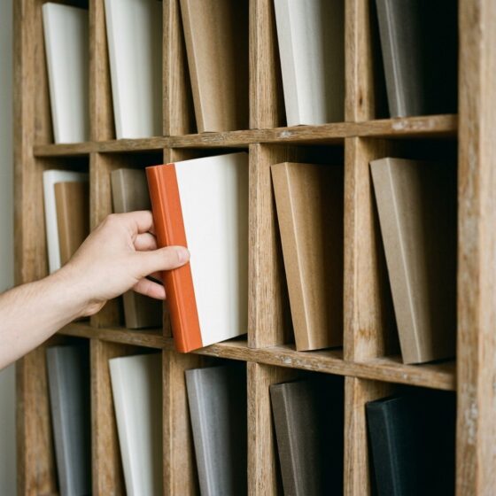 Hand schuift een notitieboek met oranje rug in een houten kast met vakken vol notitieboeken, als beeld voor content-mapping