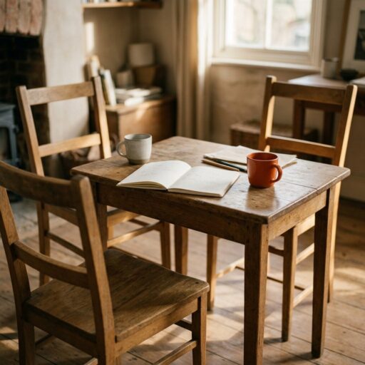 Twee houten stoelen aan een kleine tafel met een open notitieboek en twee kopjes, waarvan één oranje, klaar voor een adviesgesprek