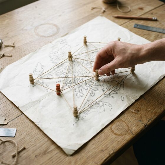 Hand verbindt houten pinnen met touw op een papieren kaart, waarvan één pin oranje is, als beeld voor een netwerk van links