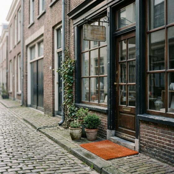 Verzorgde winkel met een blanco houten uithangbord in een rustige bakstenen zijstraat, met een oranje deurmat voor de deur en geen voorbijgangers