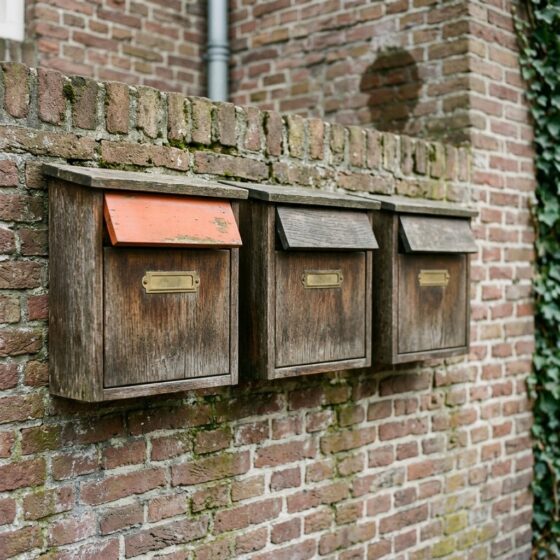 Rij van drie houten brievenbussen aan een bakstenen muur, waarvan één met een oranje klep, als beeld voor consistente bedrijfsgegevens