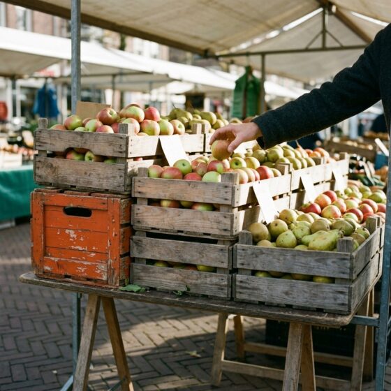 Hand legt een appel op houten kisten met appels en peren op een marktkraam, met één oranje kist links