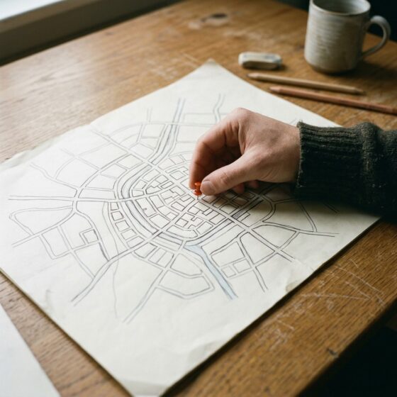 Hand plaatst een oranje speld op een getekende plattegrond van een stadscentrum met rivier en straten