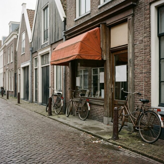 Kleine winkel met oranje luifel in een Nederlandse bakstenen straat met geparkeerde fietsen, als beeld voor lokale vindbaarheid