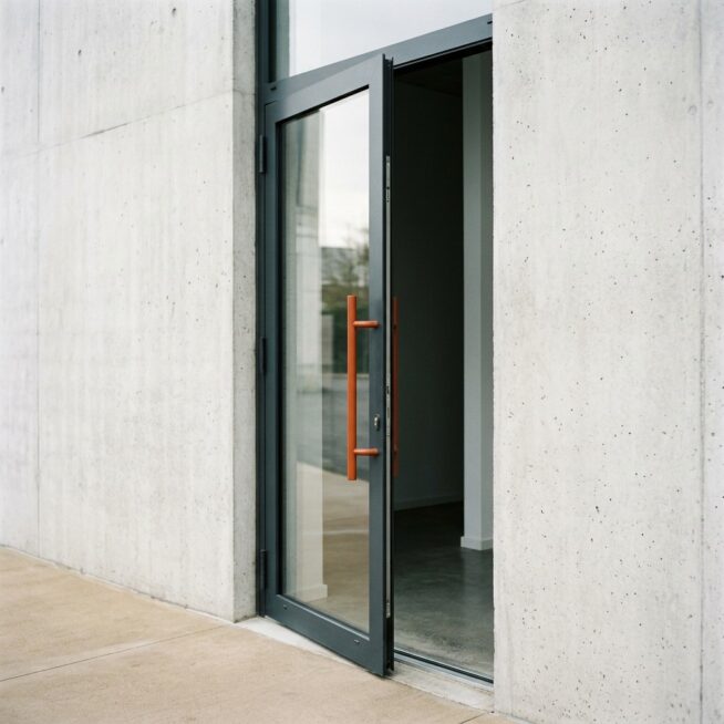 Moderne glazen deur met oranje handgreep staat op een kier in een betonnen gevel