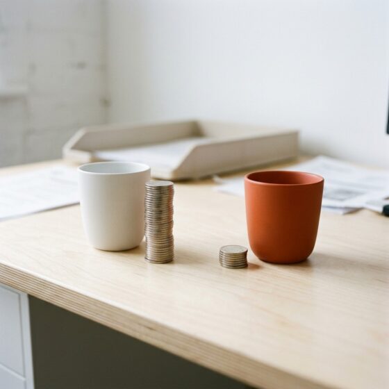 Twee kopjes naast een hoge en een lage stapel munten op een houten bureau, het oranje kopje staat bij de lage stapel