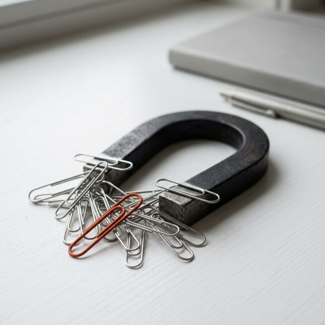 Zwarte hoefijzermagneet met een tros zilveren paperclips waarvan één oranje, als beeld voor bezoekers terughalen