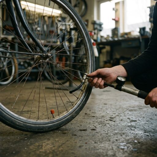 Hand controleert met een voetpomp de bandenspanning van een fietswiel in een werkplaats, het ventieldopje is oranje