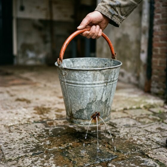 Hand houdt een zinken emmer met oranje handvat vast waaruit water lekt door een gat, als beeld voor verspild budget zonder audit