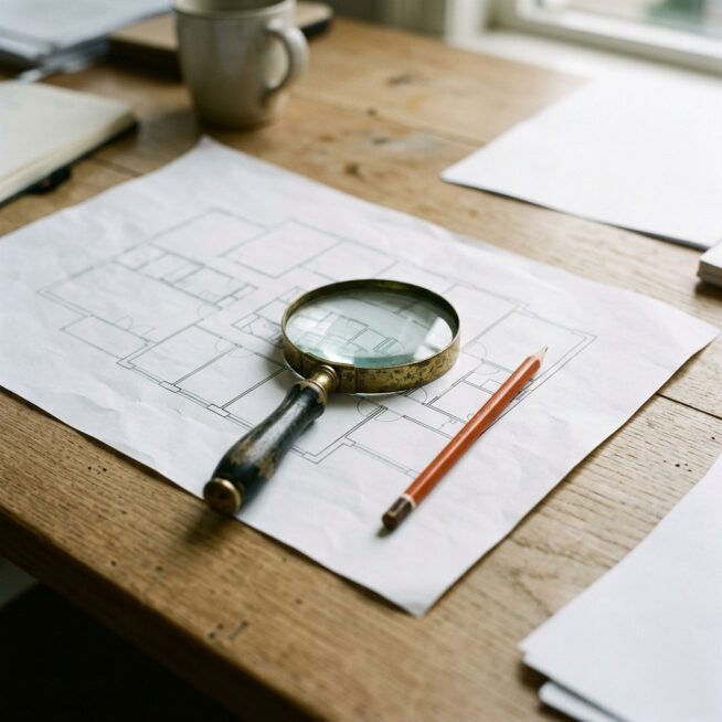 Messing vergrootglas op een plattegrond met een oranje potlood op een houten bureau, als beeld voor een grondige SEO audit