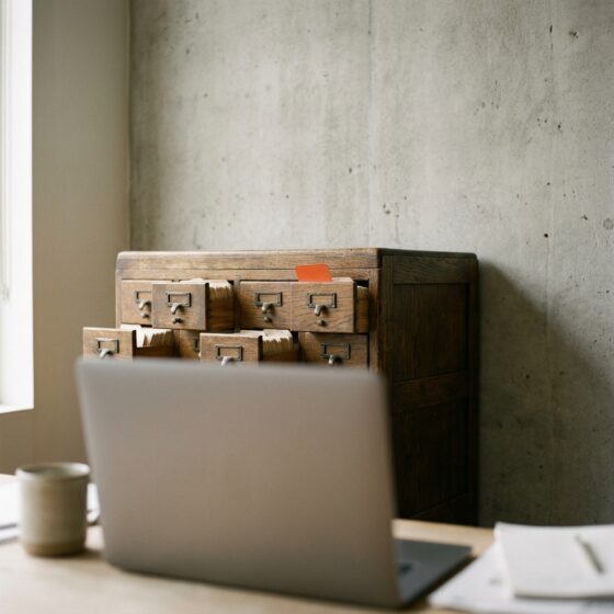 Houten kaartenbak met open laden voor een betonnen muur en een laptop op een bureau, als symbool voor de vaste fundamenten van SEO