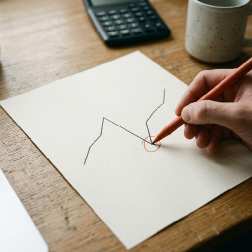 Hand met oranje pen omcirkelt een punt in een handgetekende grafiek op papier, naast een rekenmachine en een mok