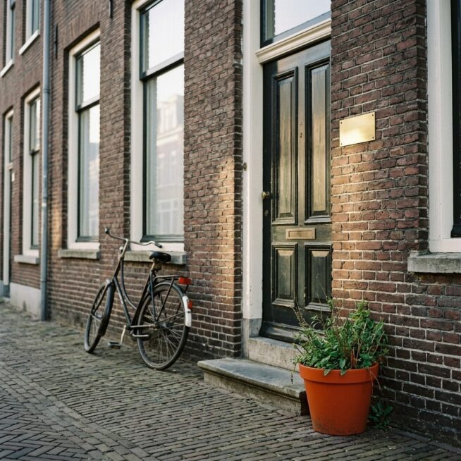 Klassiek bakstenen pand met zwarte voordeur en blanco messing naamplaat, met een fiets en een oranje bloempot ervoor