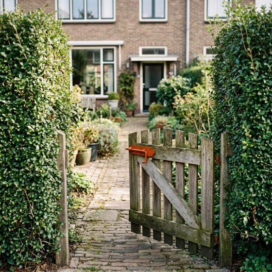 Open houten tuinhek met oranje grendel en een tuinpad dat naar een voordeur leidt