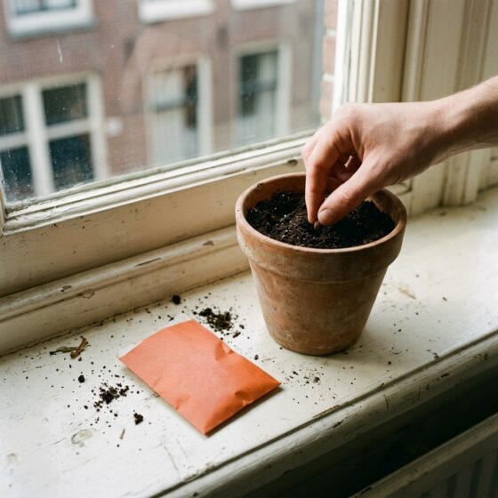 Hand drukt een zaadje in de aarde van een terracotta pot op een vensterbank, met een oranje zaadzakje ernaast