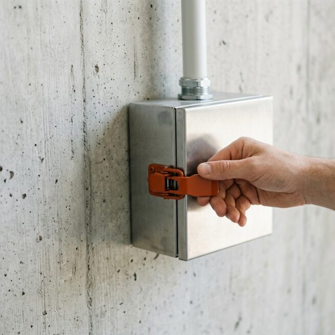 Hand sluit de oranje grendel van een stalen kast aan een betonnen muur met een witte leiding erboven, als beeld voor een eigen beveiligde server