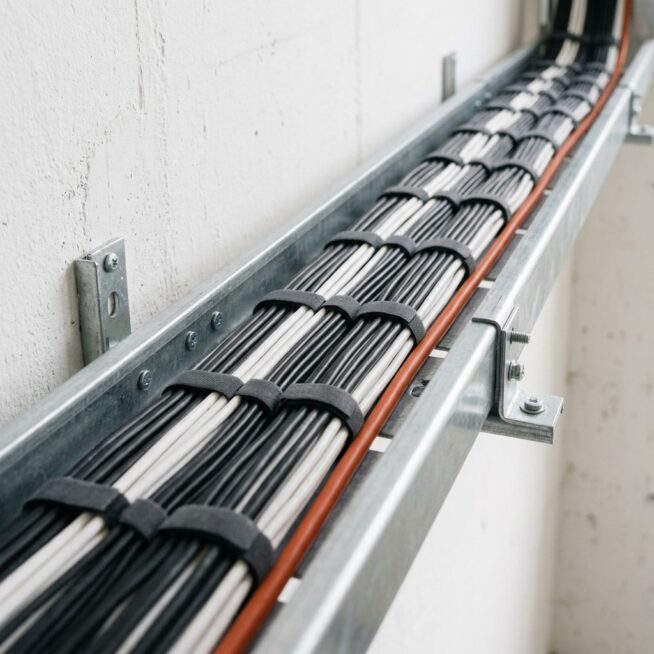 Netjes gebundelde zwarte en witte kabels in een stalen kabelgoot langs een betonnen muur, met één oranje kabel