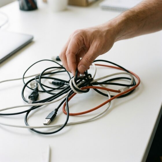 Hand trekt aan een knoop in een wirwar van zwarte en witte kabels op een wit bureau, met één oranje kabel