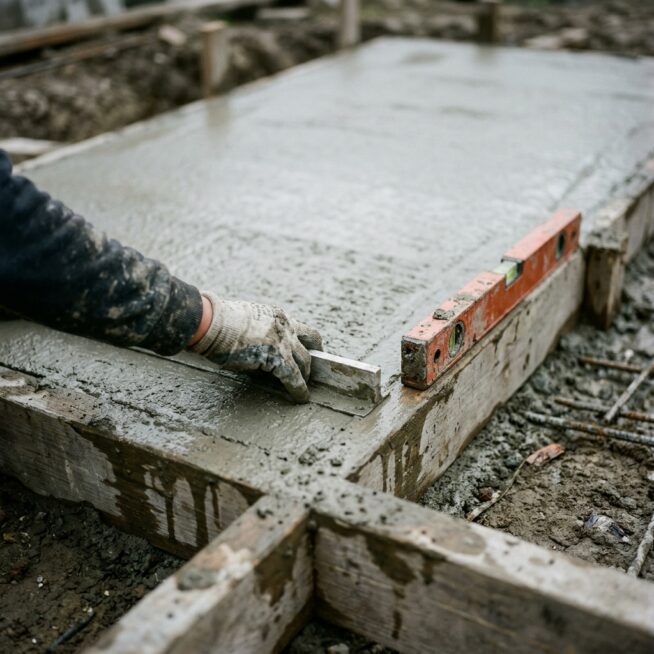 Handschoen strijkt nat beton glad met een oranje waterpas op de rand van een bekisting, als beeld voor technische SEO als fundament