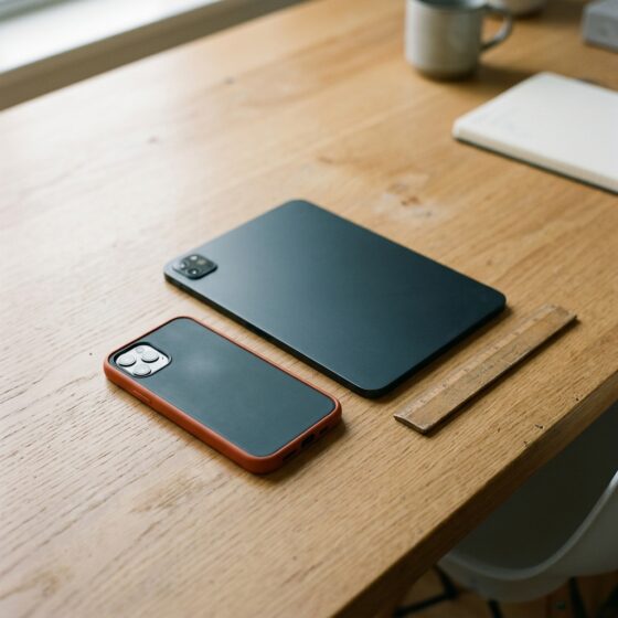 Smartphone met oranje hoesje en tablet naast een houten liniaal op een eiken bureau, als beeld voor mobiele optimalisatie