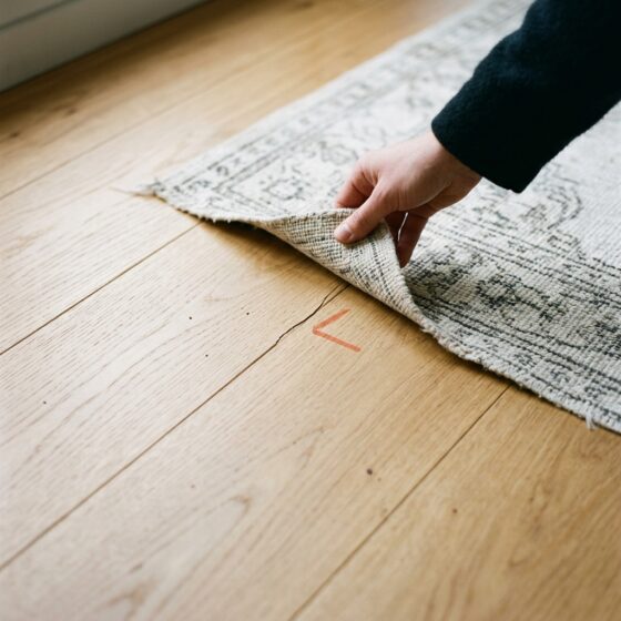 Hand tilt een vloerkleed op en toont een haarscheur in een houten vloer, met een oranje markering bij de barst
