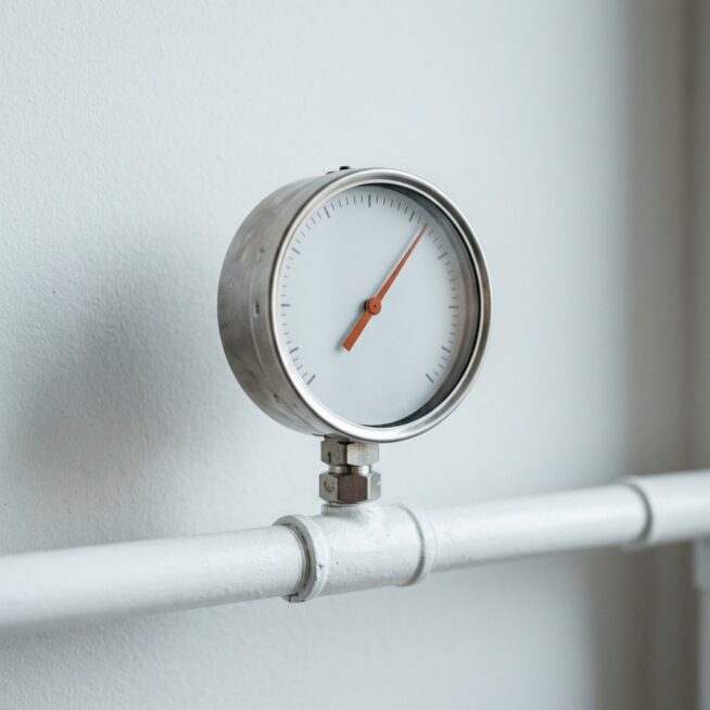Manometer met oranje naald op een witte buis tegen een witte muur, als beeld voor het meten van marketingresultaten