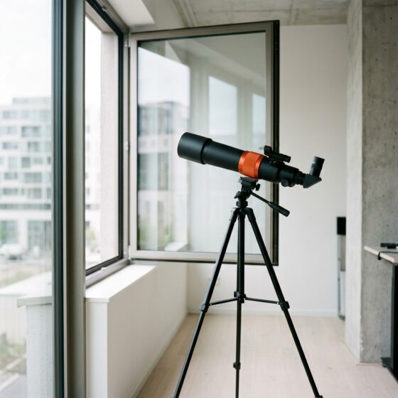 Zwarte telescoop met oranje focusring op een statief bij een open raam, gericht op een gebouw in de verte