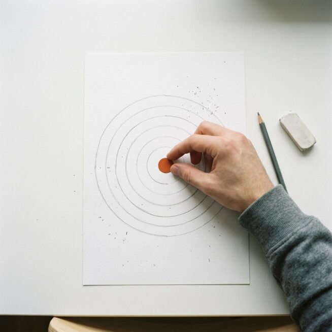 Hand plaatst een oranje stip in het midden van met potlood getekende concentrische cirkels op wit papier