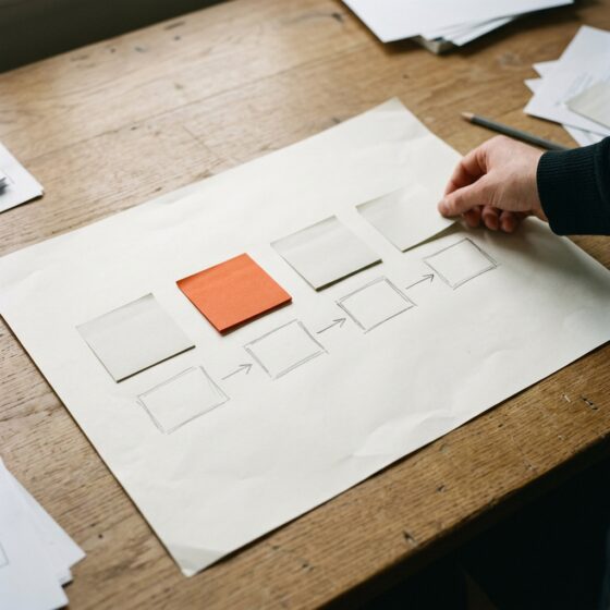 Hand plaatst een notitie op een op papier geschetst stappenplan van vier vakken met pijlen, waarvan één notitie oranje is