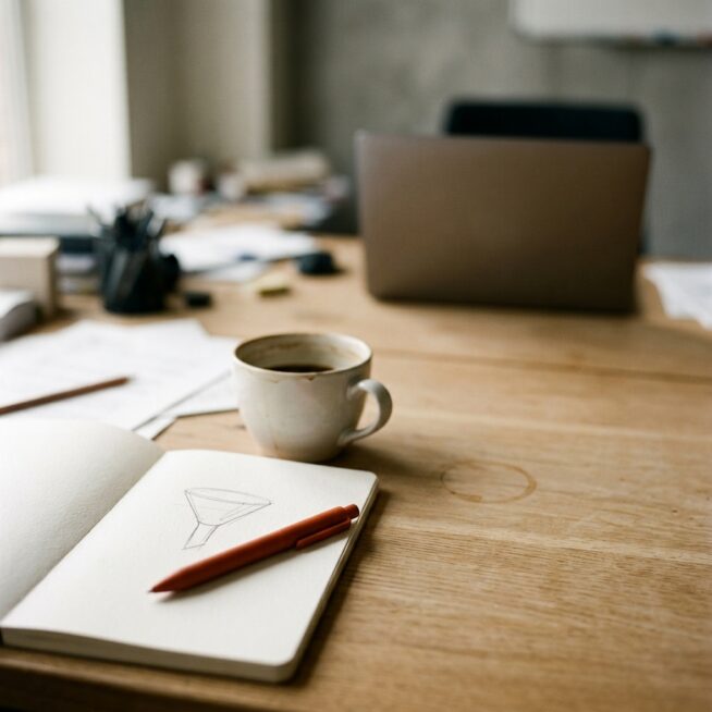 Notitieboek met een handgetekende funnel en oranje pen op een houten bureau, het begin van een SEO-strategie die bij je bedrijfsdoel start
